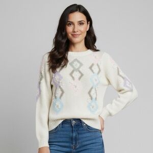 Vintage Nannell Sweater Geometric Pattern Cream, Purple, Blue Pink Size S